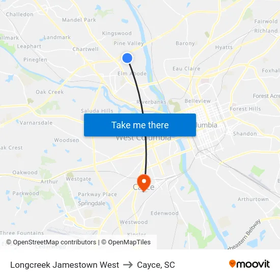 Longcreek Jamestown West to Cayce, SC map