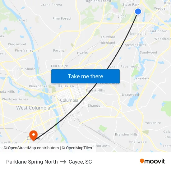 Parklane Spring North to Cayce, SC map