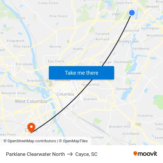 Parklane Clearwater North to Cayce, SC map