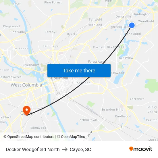 Decker Wedgefield North to Cayce, SC map
