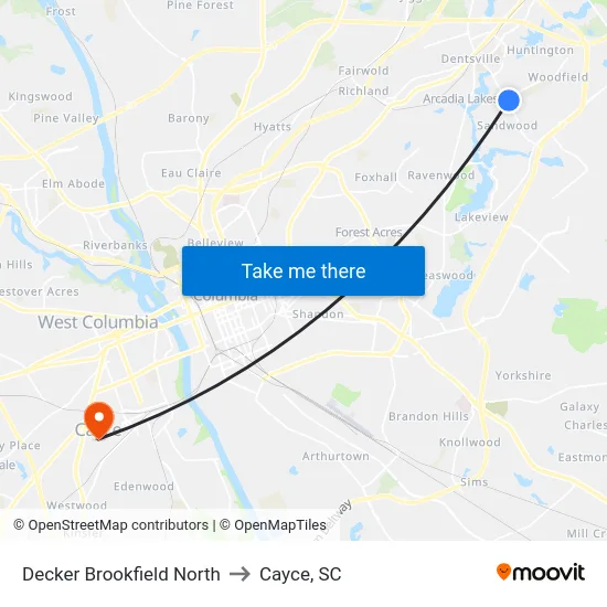 Decker Brookfield North to Cayce, SC map
