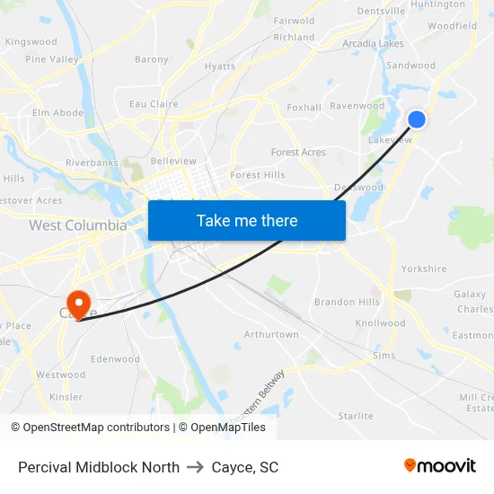 Percival Midblock North to Cayce, SC map