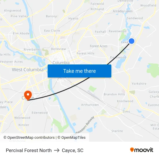 Percival Forest North to Cayce, SC map