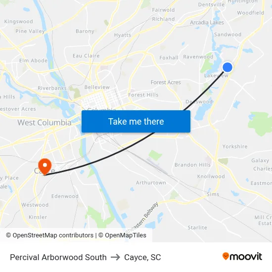 Percival Arborwood South to Cayce, SC map