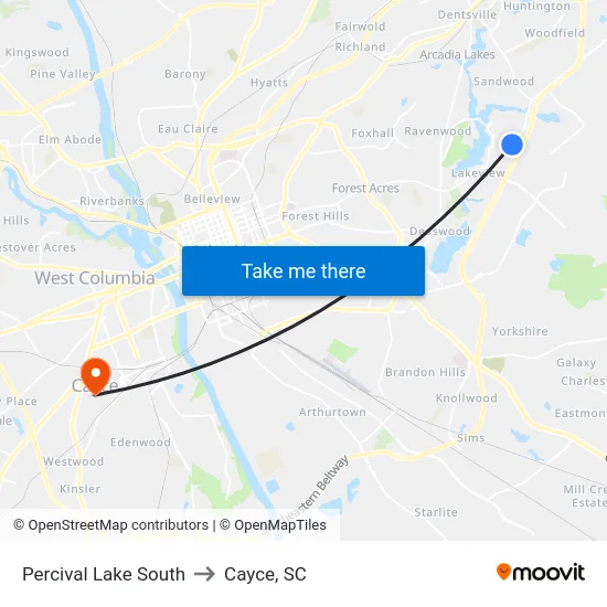 Percival Lake South to Cayce, SC map