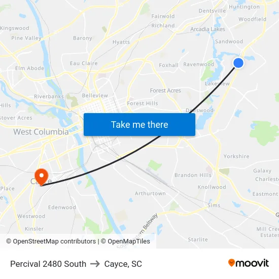 Percival 2480 South to Cayce, SC map