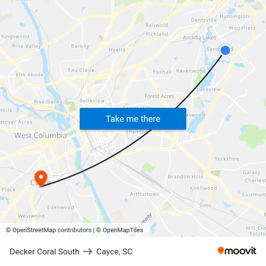 Decker Coral South to Cayce, SC map