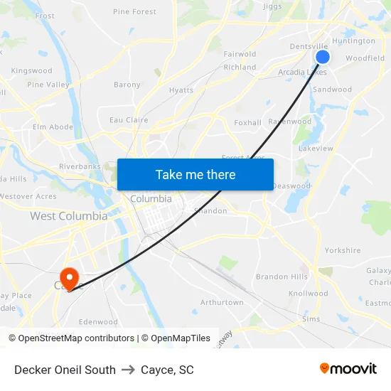 Decker Oneil South to Cayce, SC map