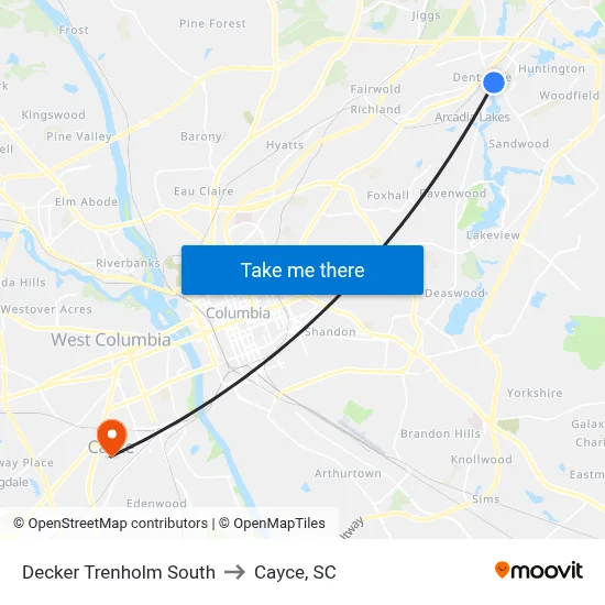 Decker Trenholm South to Cayce, SC map