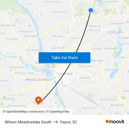 Wilson Meadowlake South to Cayce, SC map