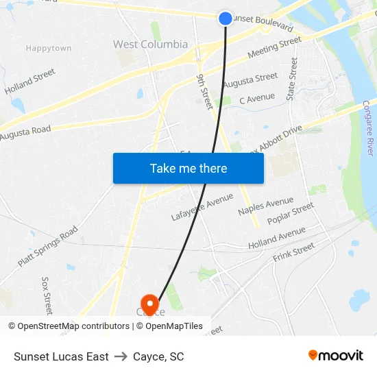Sunset Lucas East to Cayce, SC map