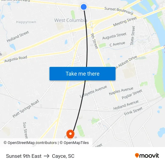 Sunset 9th East to Cayce, SC map