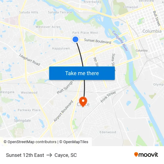 Sunset 12th East to Cayce, SC map