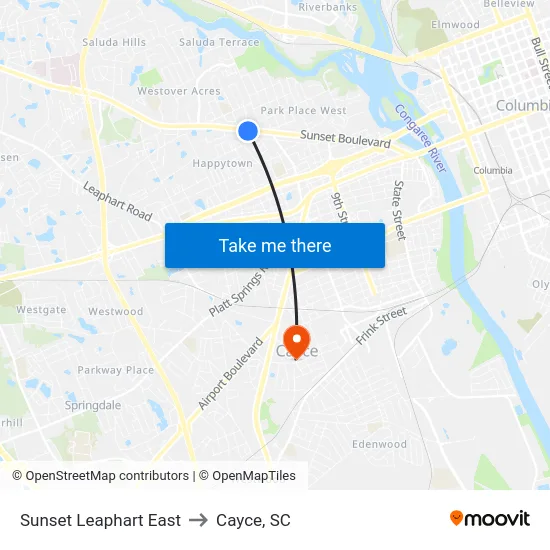 Sunset Leaphart East to Cayce, SC map