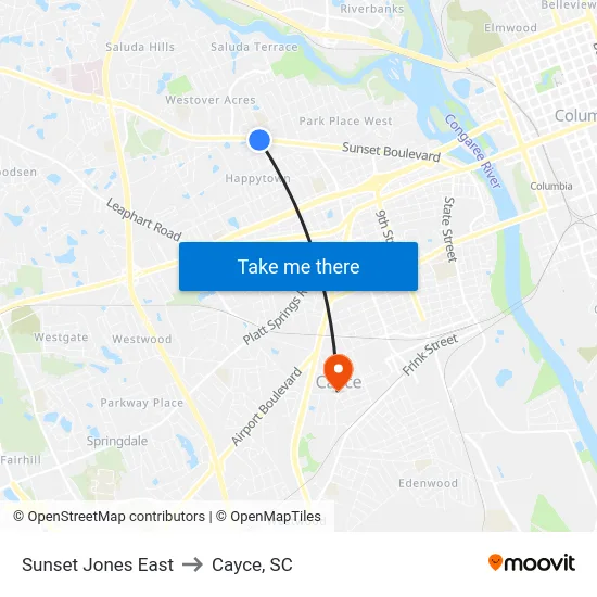 Sunset Jones East to Cayce, SC map