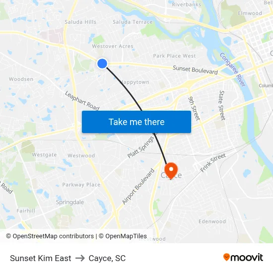 Sunset Kim East to Cayce, SC map