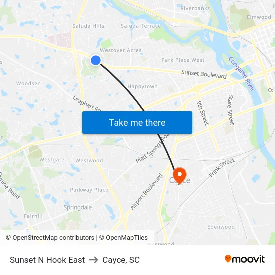 Sunset N Hook East to Cayce, SC map
