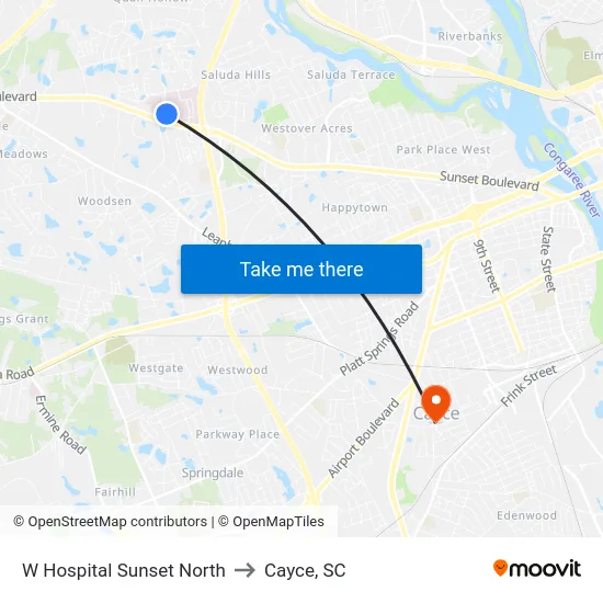 W Hospital Sunset North to Cayce, SC map