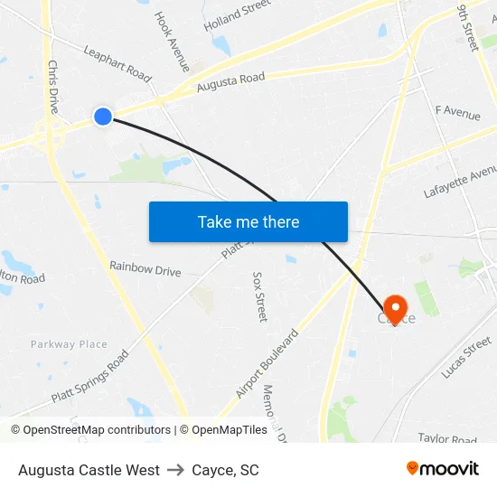 Augusta Castle West to Cayce, SC map