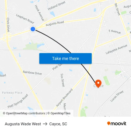 Augusta Wade West to Cayce, SC map