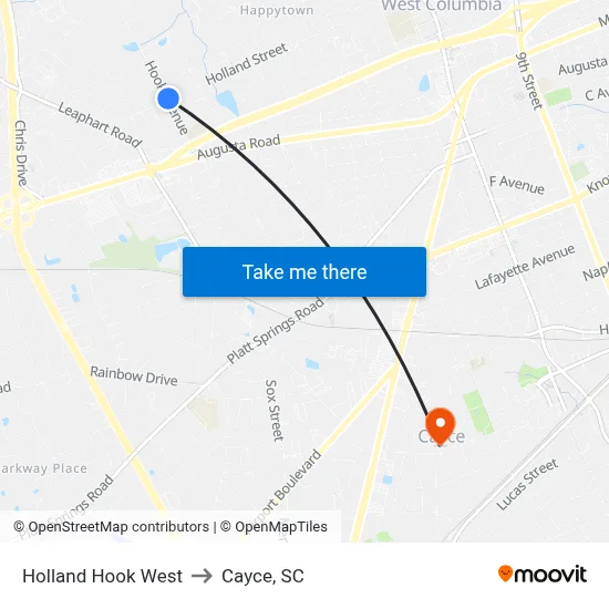Holland Hook West to Cayce, SC map