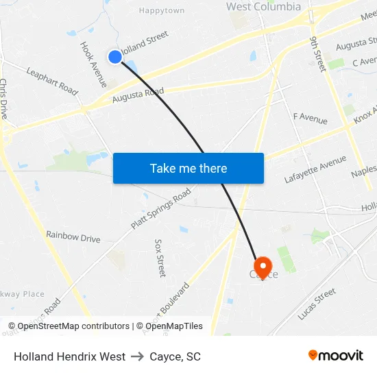 Holland Hendrix West to Cayce, SC map