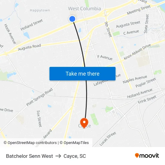 Batchelor Senn West to Cayce, SC map
