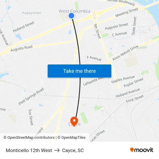 Monticello 12th West to Cayce, SC map