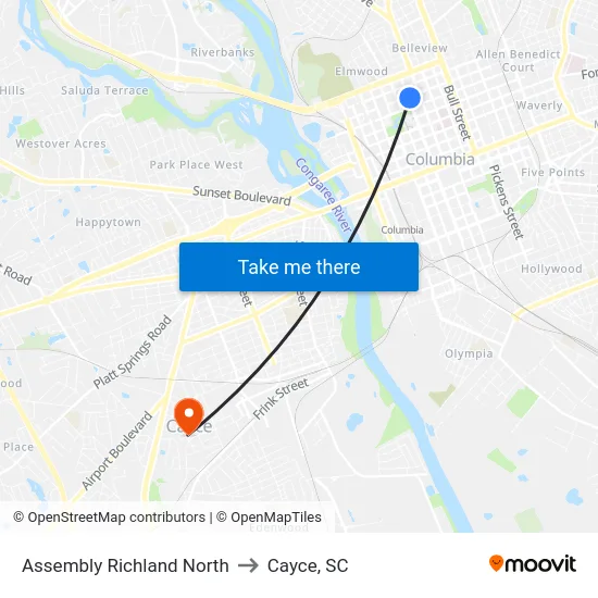 Assembly Richland North to Cayce, SC map