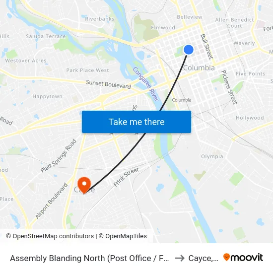 Assembly Blanding North (Post Office / Finlay Park) to Cayce, SC map