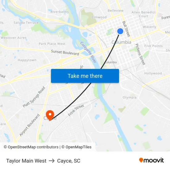 Taylor Main West to Cayce, SC map