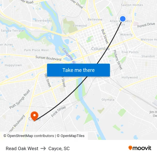 Read Oak West to Cayce, SC map
