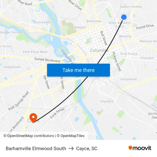 Barhamville Elmwood South to Cayce, SC map