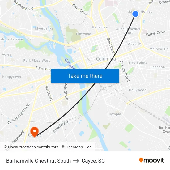 Barhamville Chestnut South to Cayce, SC map