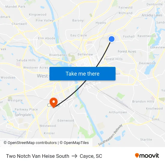 Two Notch Van Heise South to Cayce, SC map