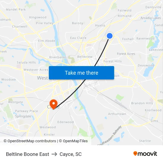 Beltline Boone East to Cayce, SC map
