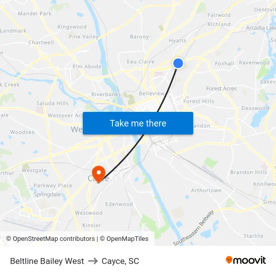 Beltline Bailey West to Cayce, SC map