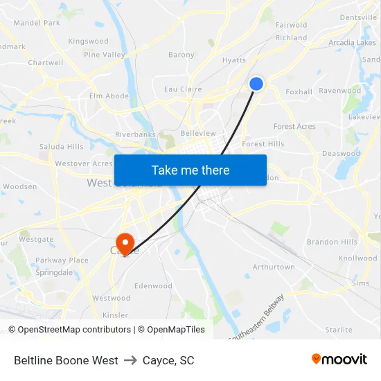 Beltline Boone West to Cayce, SC map