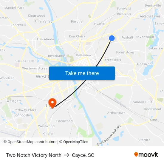 Two Notch Victory North to Cayce, SC map