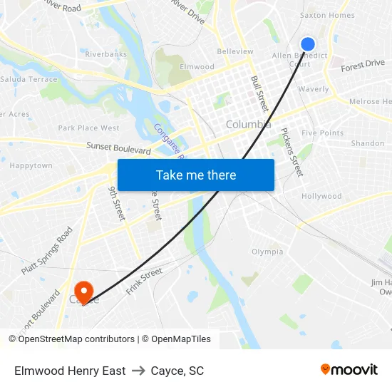 Elmwood Henry East to Cayce, SC map