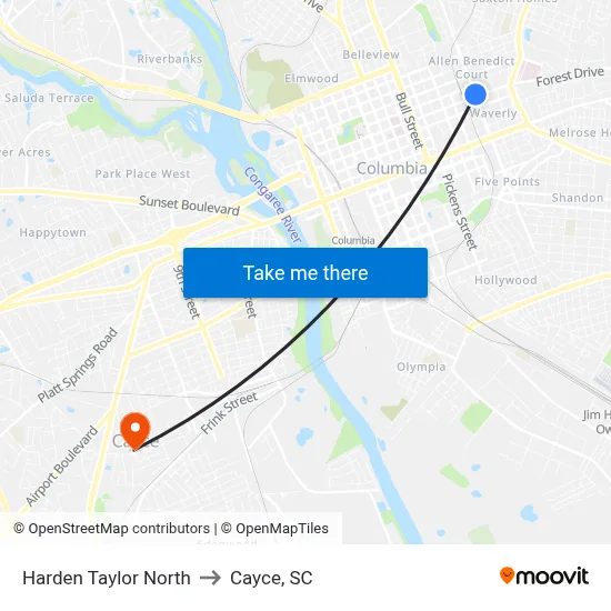 Harden Taylor North to Cayce, SC map