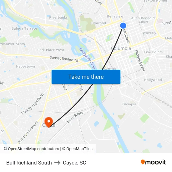 Bull Richland South to Cayce, SC map
