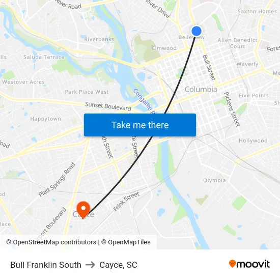 Bull Franklin South to Cayce, SC map