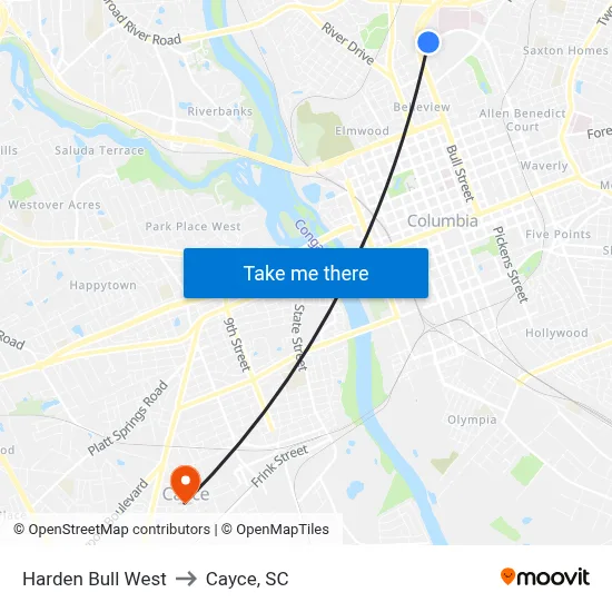 Harden Bull West to Cayce, SC map