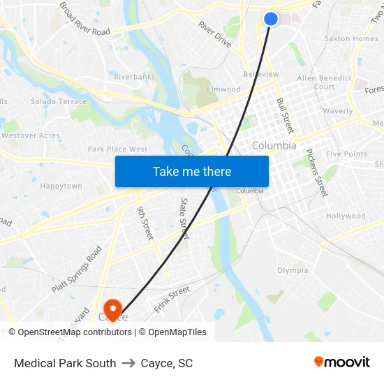 Medical Park South to Cayce, SC map