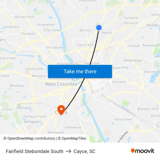 Fairfield Stebondale South to Cayce, SC map