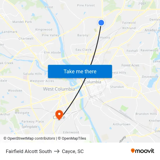 Fairfield Alcott South to Cayce, SC map