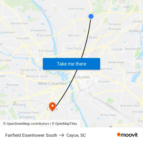 Fairfield Eisenhower South to Cayce, SC map