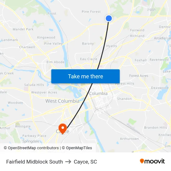 Fairfield Midblock South to Cayce, SC map