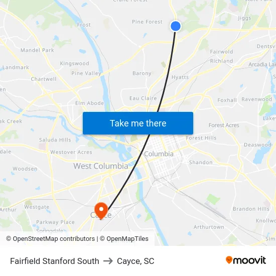 Fairfield Stanford South to Cayce, SC map